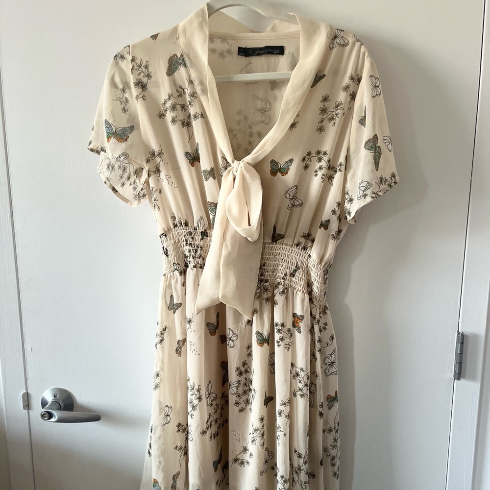 Cream Butterfly Printed Tie Dress